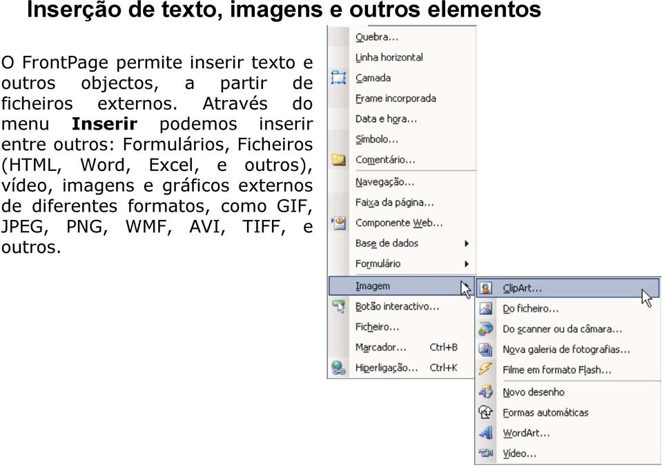 Através do menu Inserir podemos inserir entre outros: Formulários, Ficheiros (HTML,