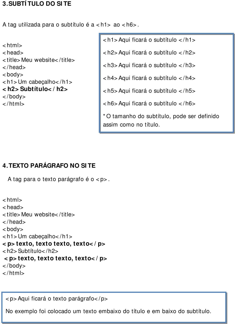 subtítulo </h3> <h4>aqui ficará o subtítulo </h4> <h5>aqui ficará o subtítulo </h5> <h6>aqui ficará o subtítulo </h6> *O tamanho do subtítulo, pode ser definido assim como no título. 4.