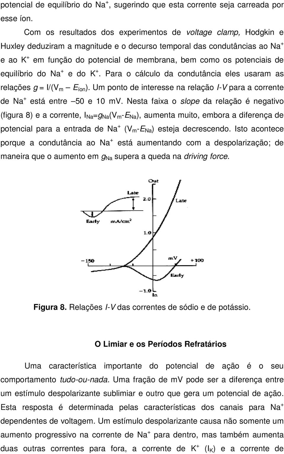 potenciais de equilíbrio do Na + e do K +. Para o cálculo da condutância eles usaram as relações g = I/(V m E íon ). Um ponto de interesse na relação I-V para a corrente de Na + está entre 50 e 10 mv.