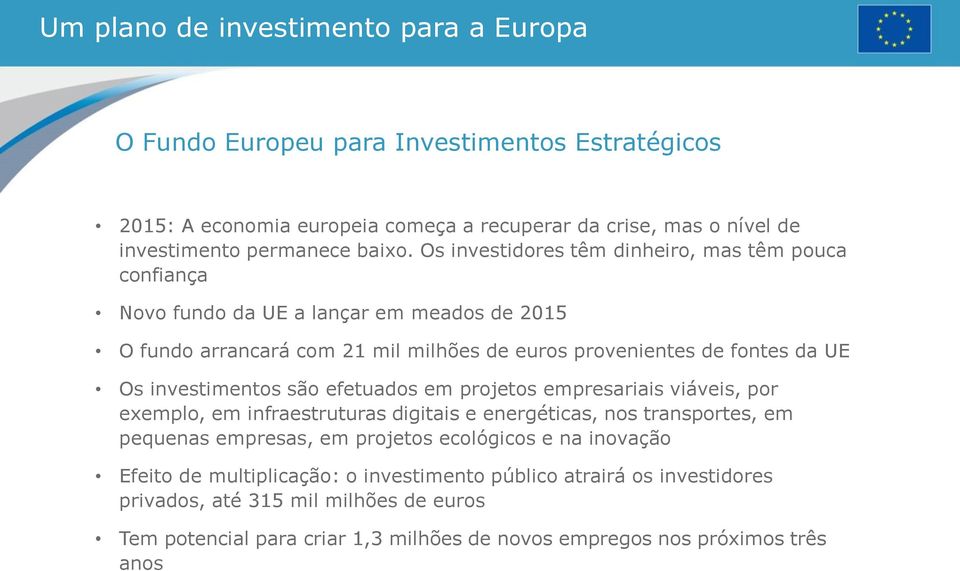 investimentos são efetuados em projetos empresariais viáveis, por exemplo, em infraestruturas digitais e energéticas, nos transportes, em pequenas empresas, em projetos ecológicos e na