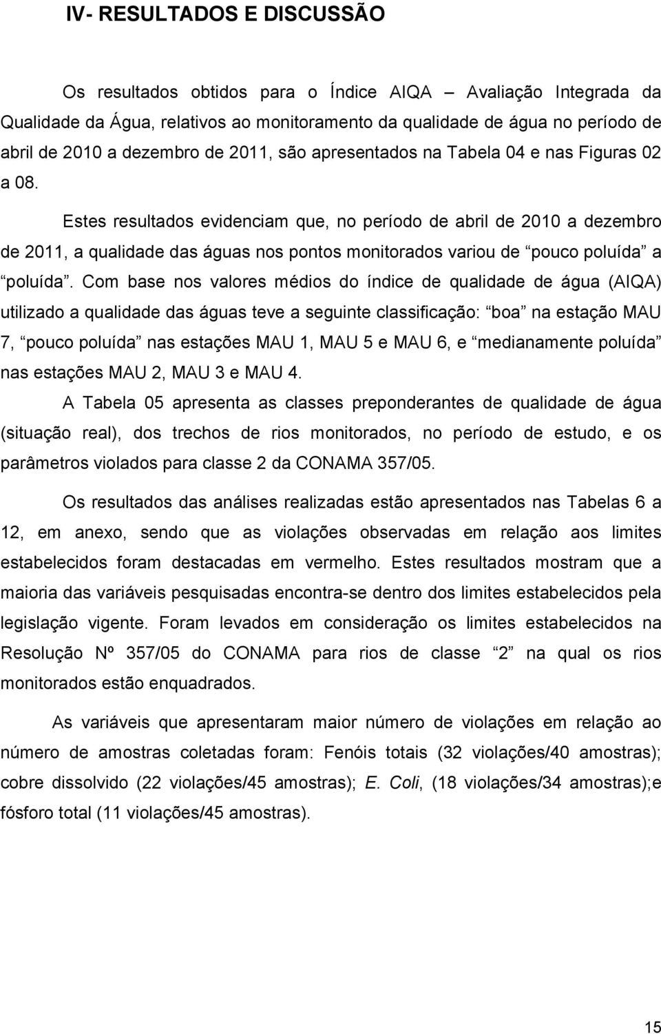 Estes resultados evidenciam que, no período de abril de 2010 a dezembro de 2011, a qualidade das águas nos pontos monitorados variou de pouco poluída a poluída.