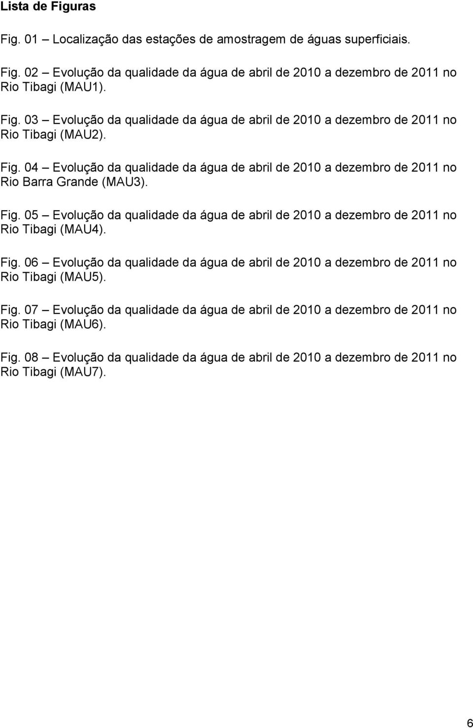 05 Evolução da qualidade da água de abril de 2010 a dezembro de 2011 no Rio Tibagi (MAU4). Fig. 06 Evolução da qualidade da água de abril de 2010 a dezembro de 2011 no Rio Tibagi (MAU5). Fig. 07 Evolução da qualidade da água de abril de 2010 a dezembro de 2011 no Rio Tibagi (MAU6).