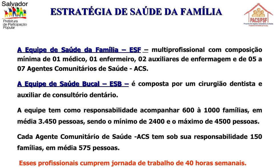 A equipe tem como responsabilidade acompanhar 600 à 1000 famílias, em média 3.450 pessoas, sendo o mínimo de 2400 e o máximo de 4500 pessoas.