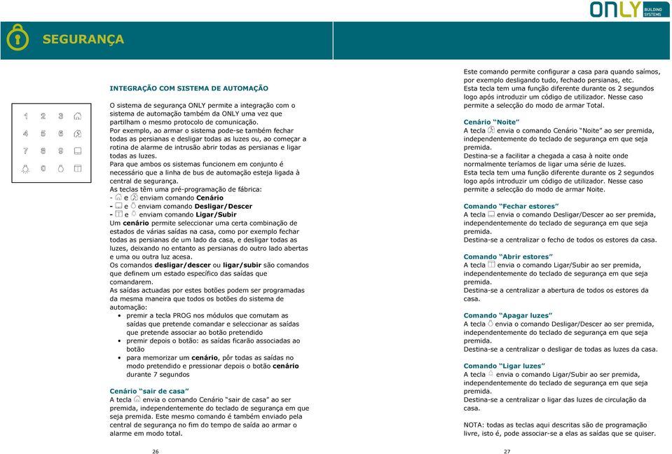 Para que ambos os sistemas funcionem em conjunto é necessário que a linha de bus de automação esteja ligada à central de segurança.