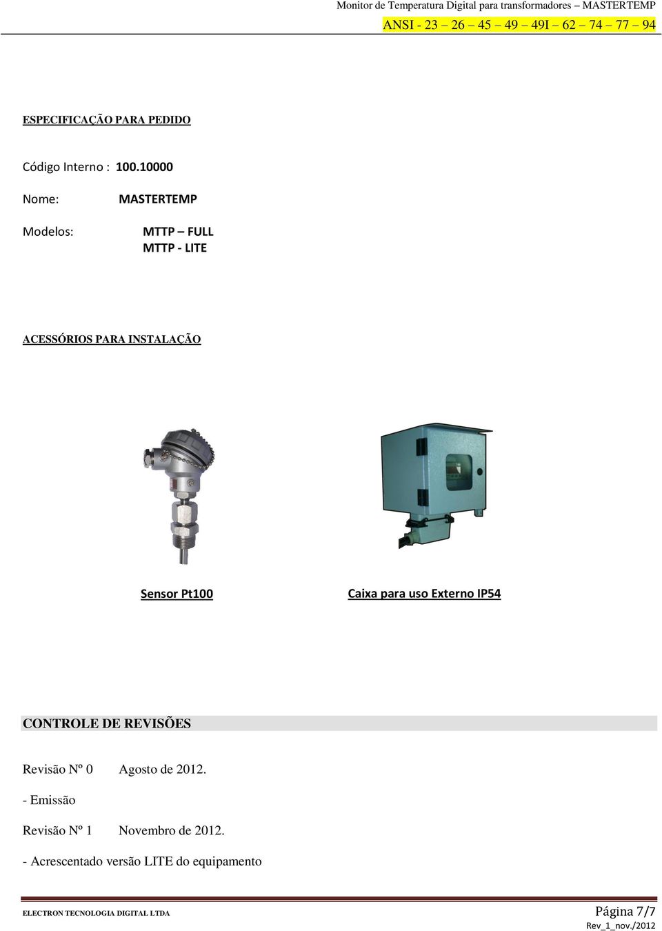 Sensor Pt100 Caixa para uso Externo IP54 CONTROLE DE REVISÕES Revisão Nº 0 Agosto de