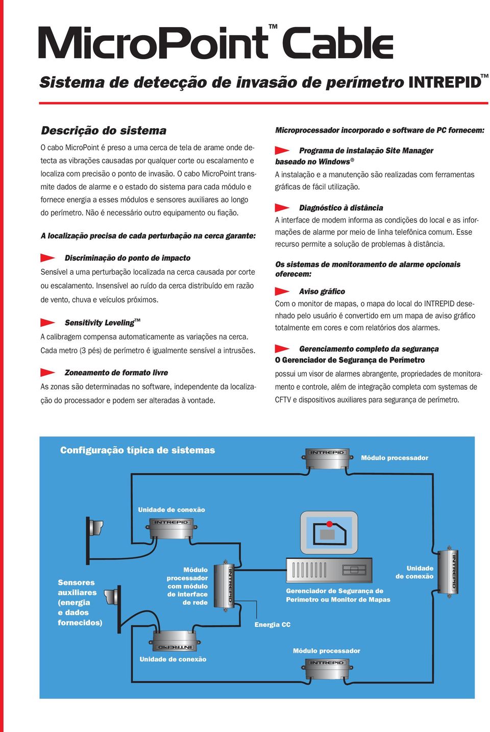 O cabo MicroPoint transmite dados de alarme e o estado do sistema para cada módulo e fornece energia a esses módulos e sensores auxiliares ao longo do perímetro.