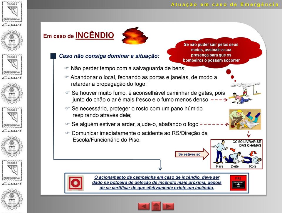 pano húmido respirando através dele; Se alguém estiver a arder, ajude-o, abafando o fogo Comunicar imediatamente o acidente ao RS/Direção da Escola/Funcionário do Piso.