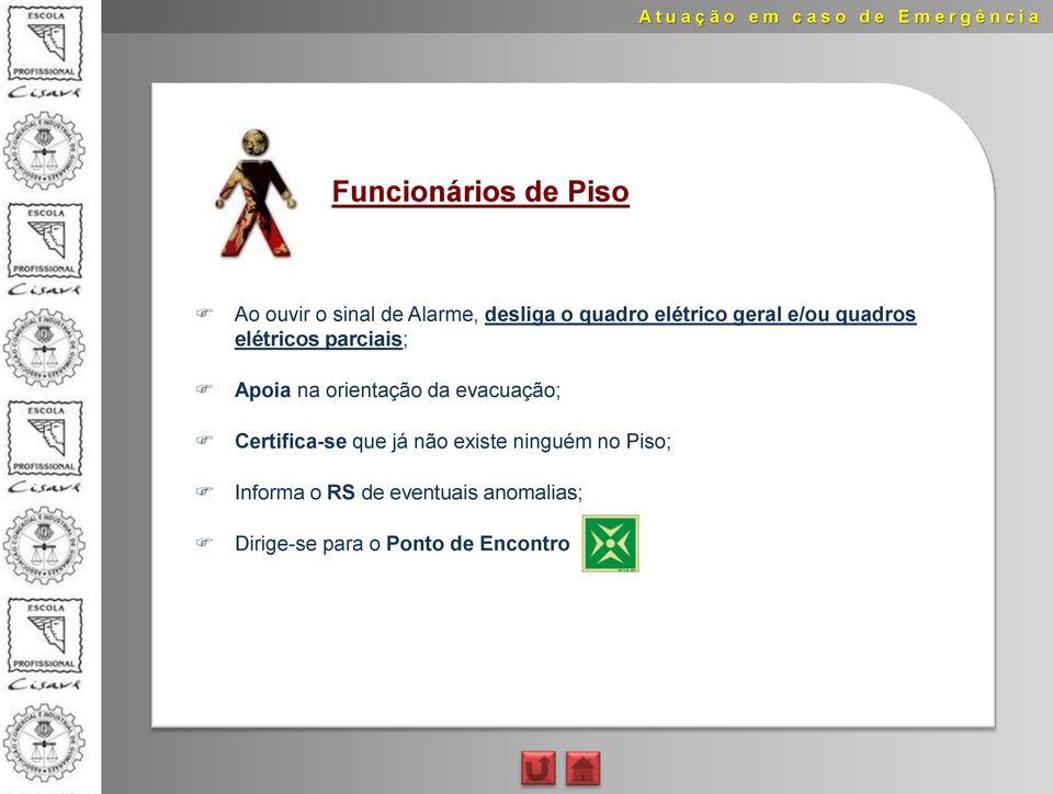 orientação da evacuação; Certifica-se que já não existe ninguém no