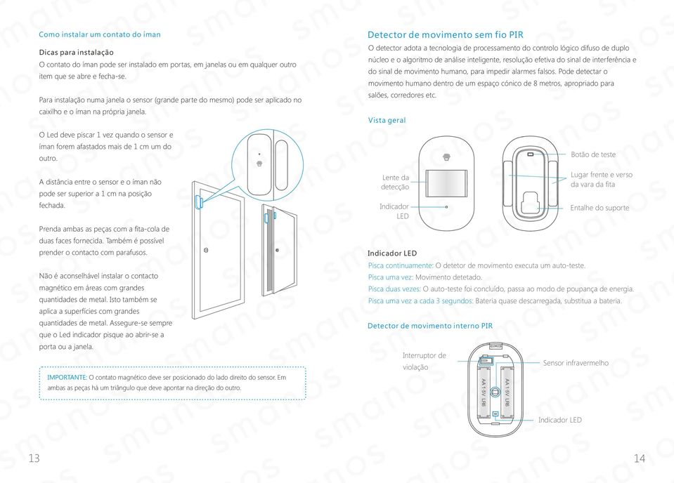 O Led deve piscar 1 vez quando o sensor e íman forem afastados mais de 1 cm um do outro. A distância entre o sensor e o íman não pode ser superior a 1 cm na posição fechada.