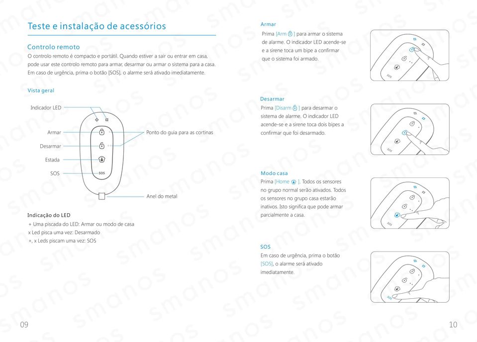 Em caso de urgência, prima o botão [SOS], o alarme será ativado imediatamente. Armar Prima [Arm ] para armar o sistema de alarme.