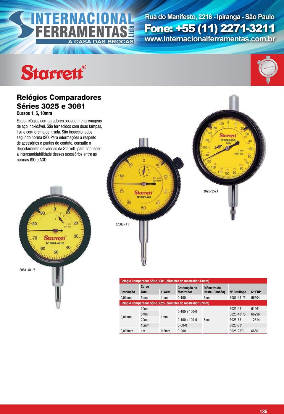 Para informações a respeito de acessórios e pontas de contato, consulte o departamento de vendas da Starrett, para conhecer a intercambiabilidade desses acessórios entre as normas ISO e AGD.