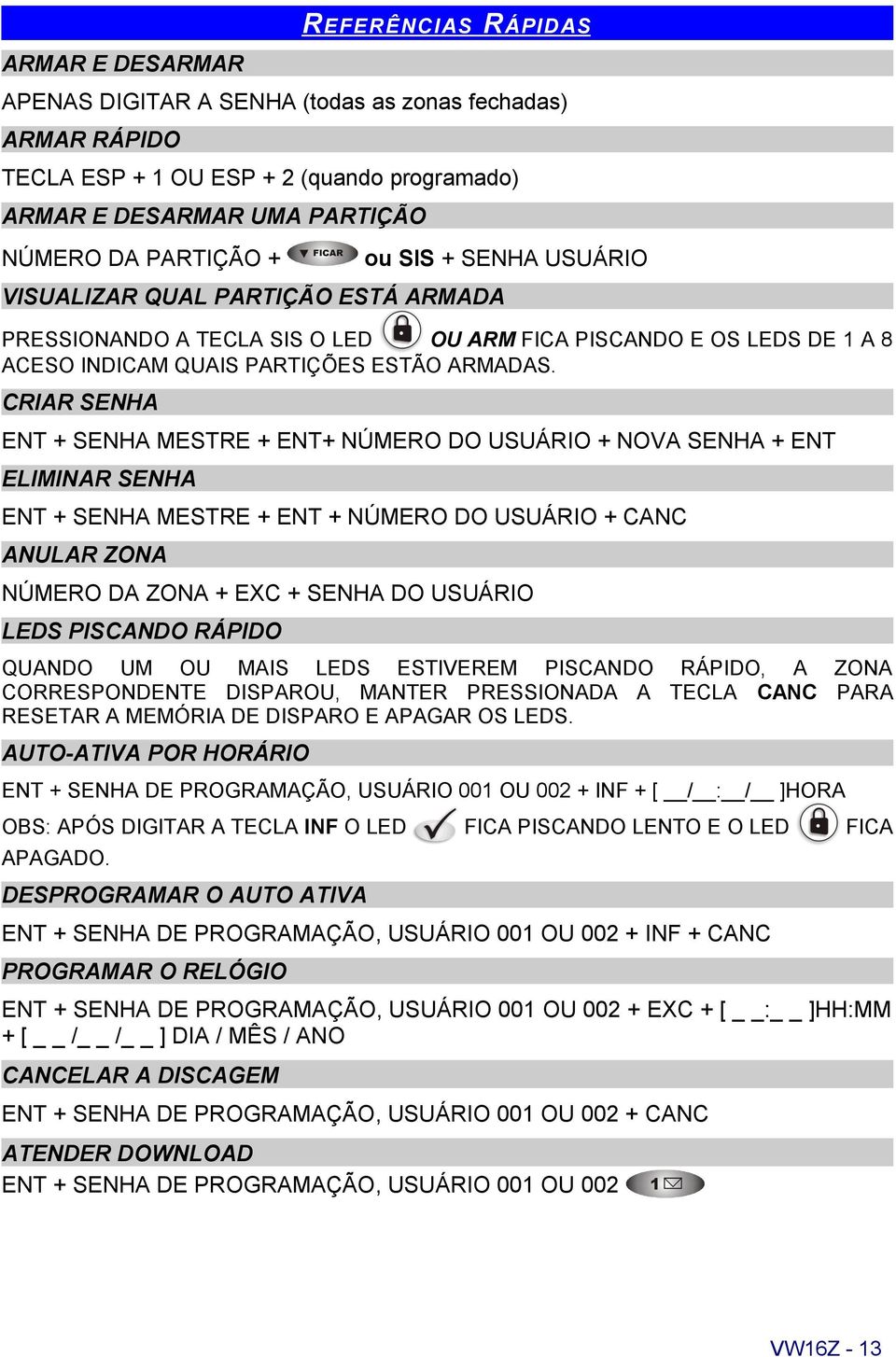 CRIAR SENHA ENT + SENHA MESTRE + ENT+ NÚMERO DO USUÁRIO + NOVA SENHA + ENT ELIMINAR SENHA ENT + SENHA MESTRE + ENT + NÚMERO DO USUÁRIO + CANC ANULAR ZONA NÚMERO DA ZONA + EXC + SENHA DO USUÁRIO LEDS