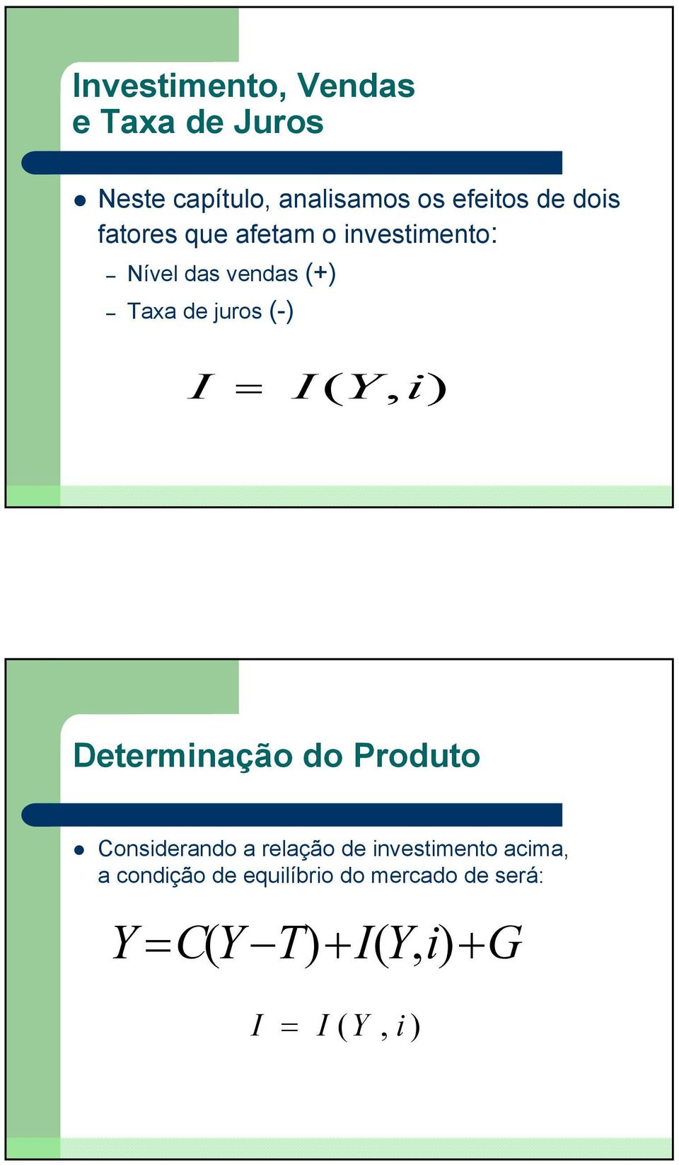 = I( Yi, ) Determinação do Produto Considerando a relação de investimento acima,