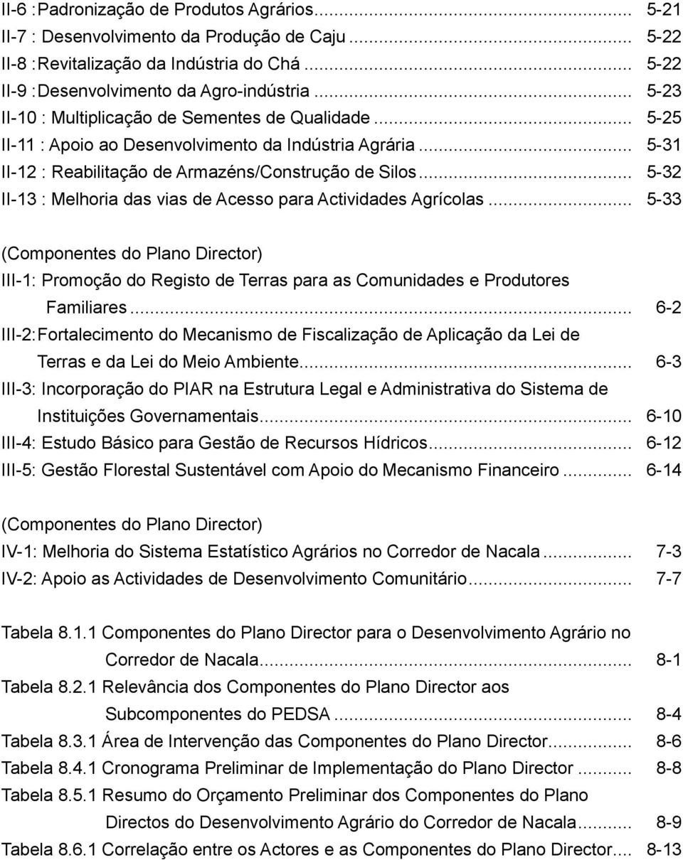 .. 5-32 II-13 : Melhoria das vias de Acesso para Actividades Agrícolas... 5-33 (Componentes do Plano Director) III-1: Promoção do Registo de Terras para as Comunidades e Produtores Familiares.