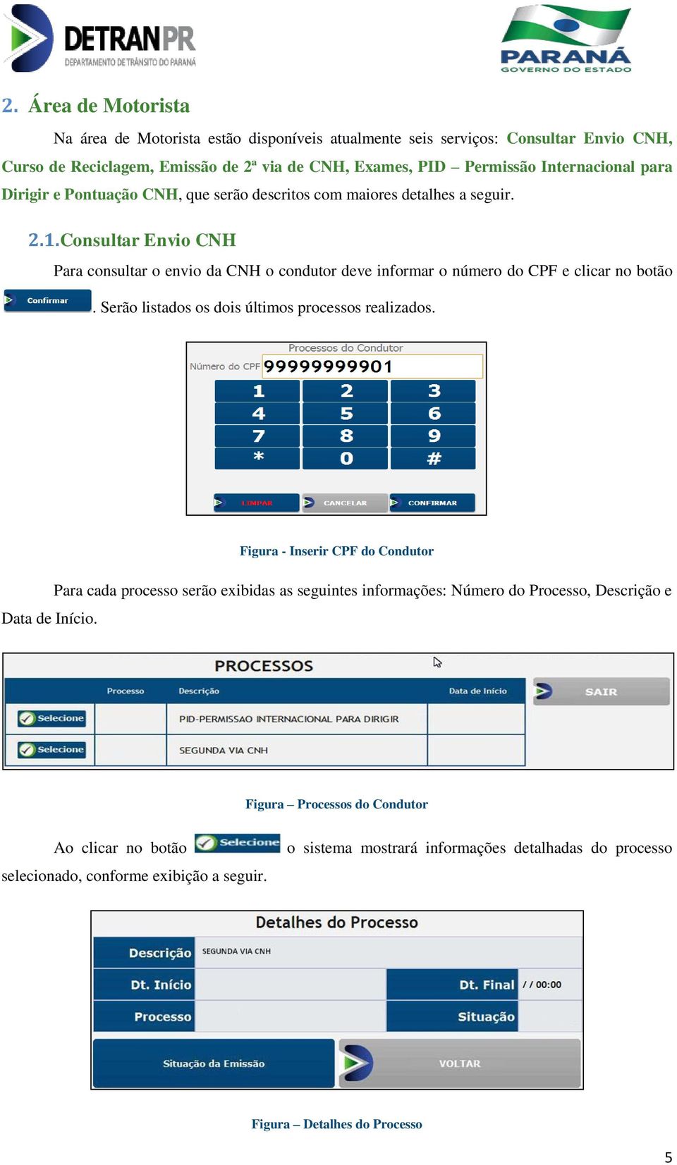 Consultar Envio CNH Para consultar o envio da CNH o condutor deve informar o número do CPF e clicar no botão. Serão listados os dois últimos processos realizados. Data de Início.