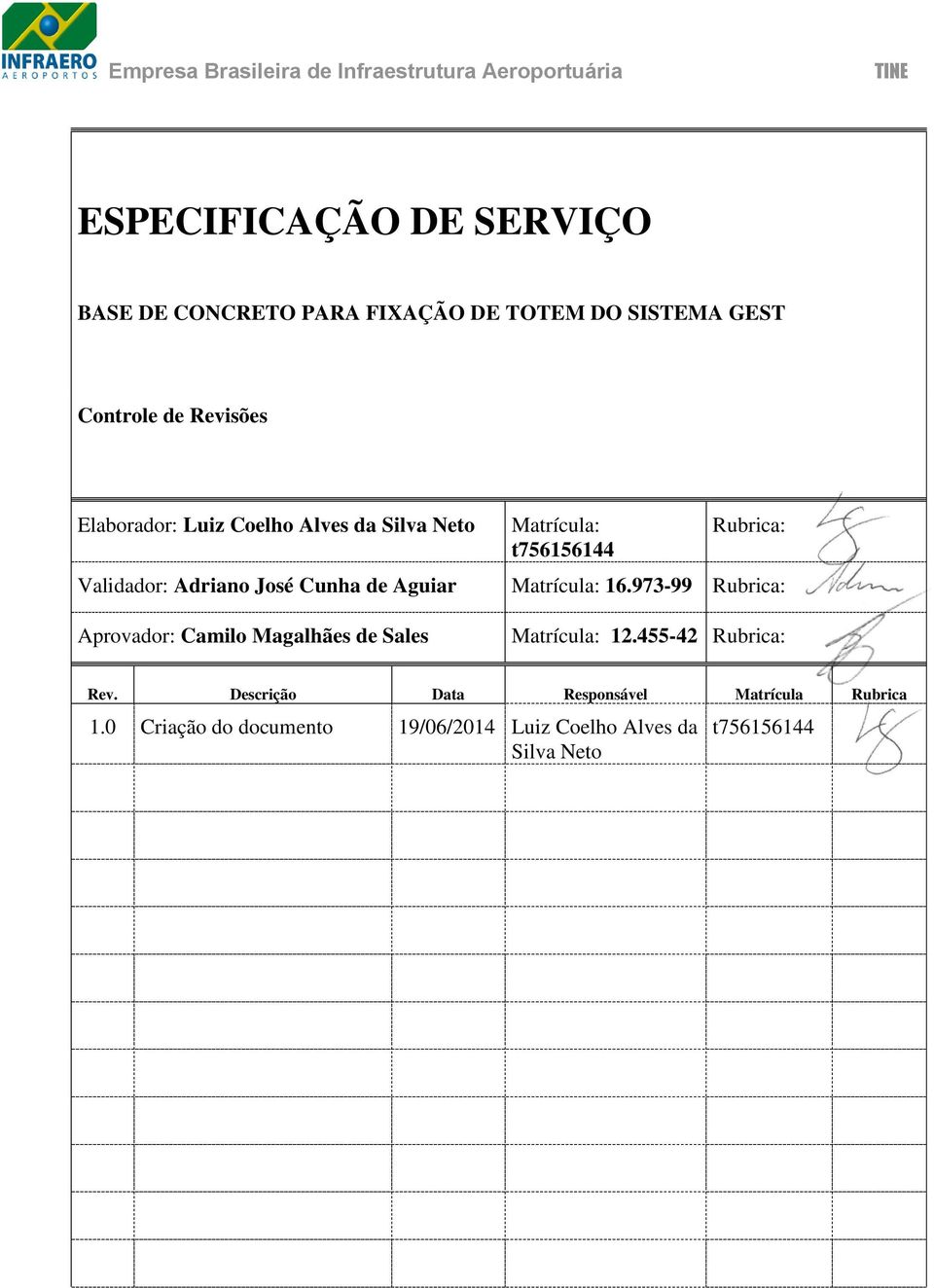 Aprovador: Camilo Magalhães de Sales Matrícula: t756156144 Rubrica: Matrícula: 16.973-99 Rubrica: Matrícula: 12.