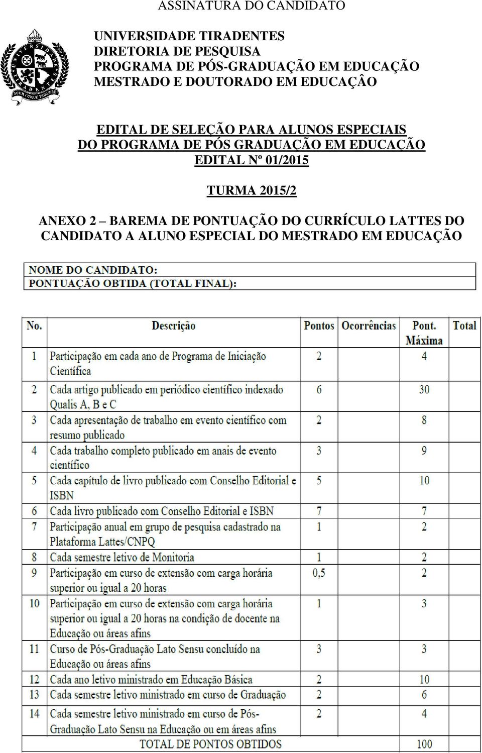 PROGRAMA DE PÓS GRADUAÇÃO EM EDUCAÇÃO EDITAL Nº 01/2015 ANEXO 2 BAREMA DE