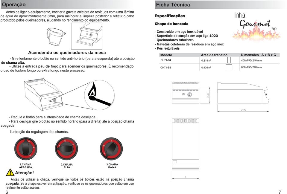 - Utilize a entrada pau de fogo para acender os queimadores. É recomendado o uso de fósforo longo ou extra longo neste processo. CH71-B4 CH71-B8 0.218m² 0.