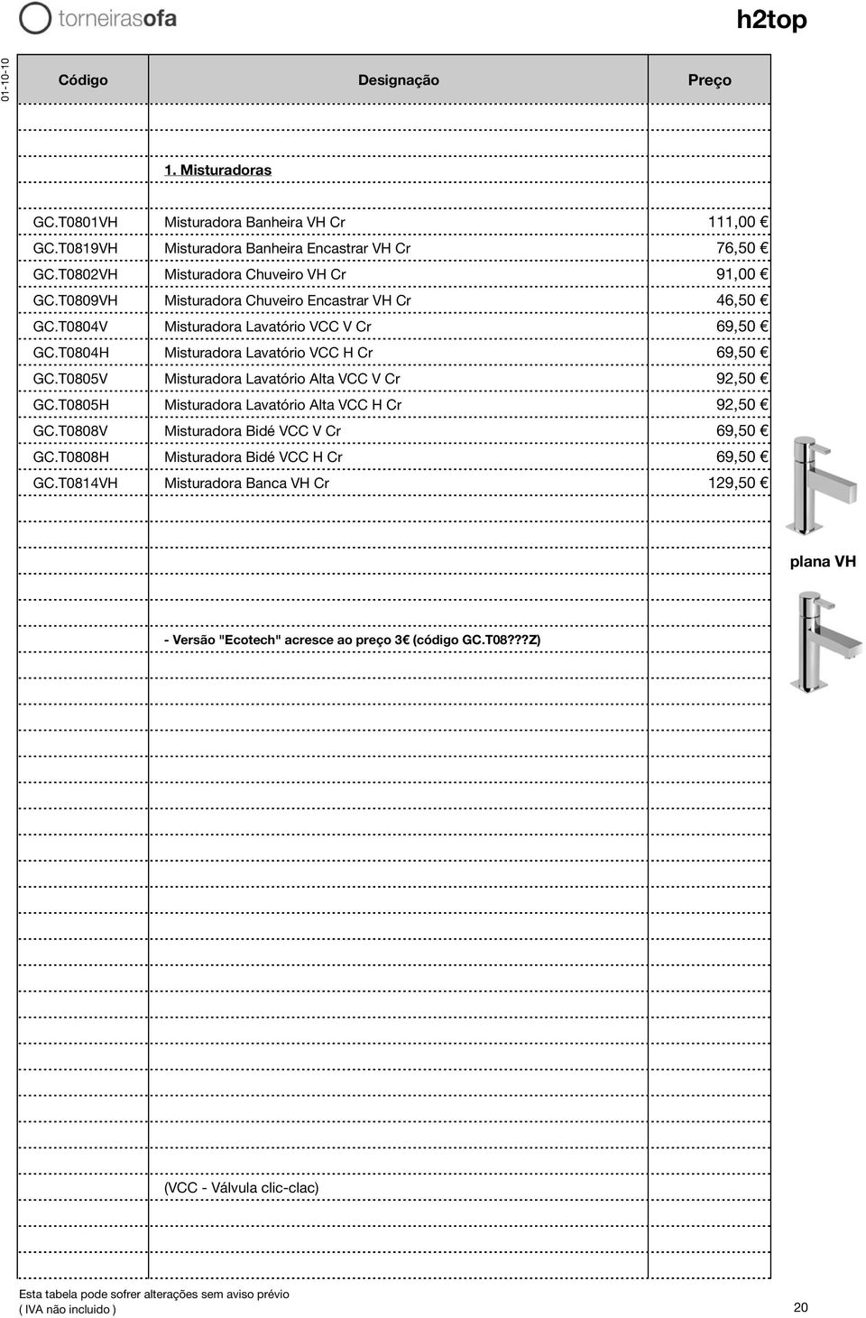 T0805V Misturadora Lavatório Alta VCC V Cr 92,50 GC.T0805H Misturadora Lavatório Alta VCC H Cr 92,50 GC.T0808V Misturadora Bidé VCC V Cr 69,50 GC.