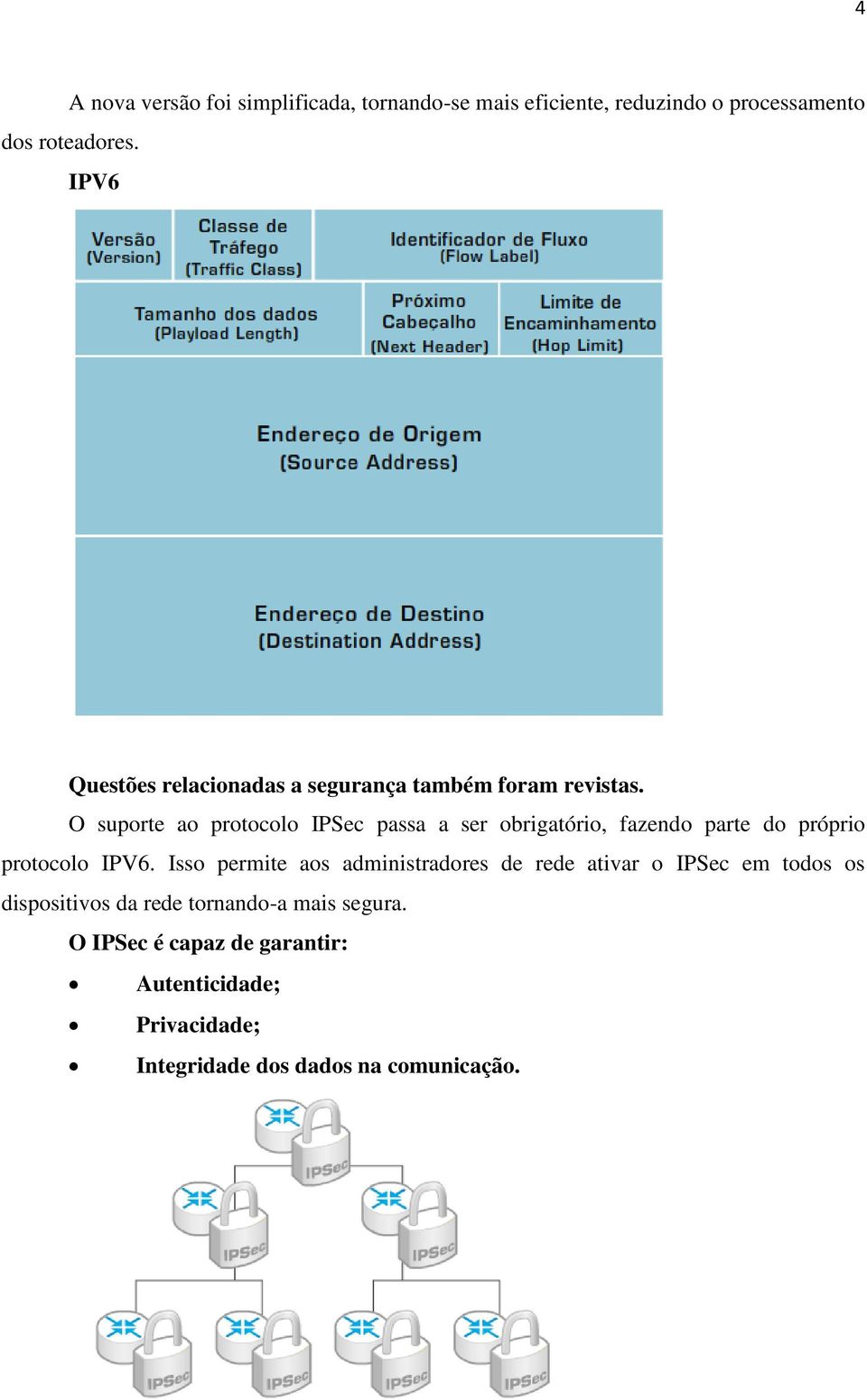 O suporte ao protocolo IPSec passa a ser obrigatório, fazendo parte do próprio protocolo IPV6.