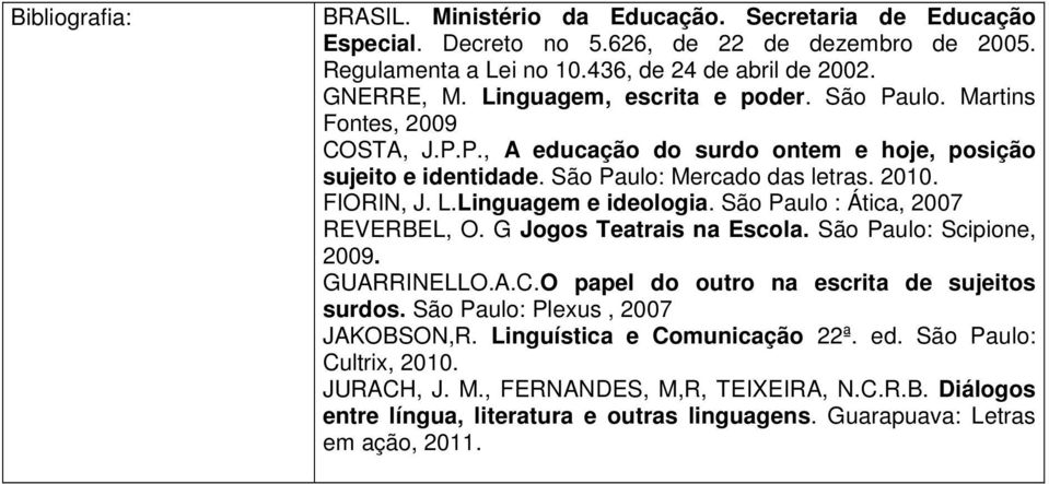 Linguagem e ideologia. São Paulo : Ática, 2007 REVERBEL, O. G Jogos Teatrais na Escola. São Paulo: Scipione, 2009. GUARRINELLO.A.C.O papel do outro na escrita de sujeitos surdos.