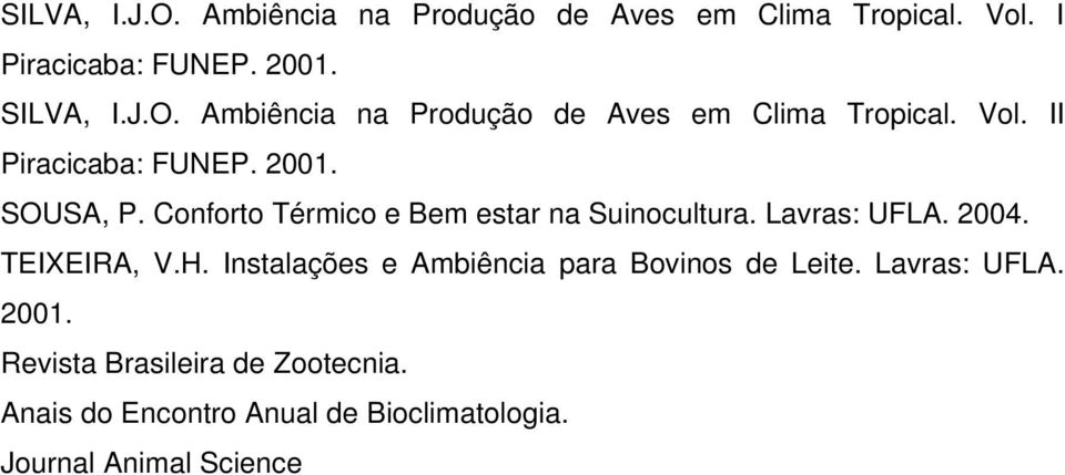 Instalações e Ambiência para Bovinos de Leite. Lavras: UFLA. 2001. Revista Brasileira de Zootecnia.