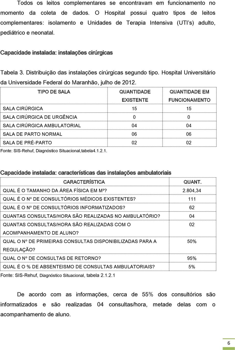 Distribuição das instalações cirúrgicas segundo tipo. Hospital Universitário da Universidade Federal do Maranhão, julho de 2012.