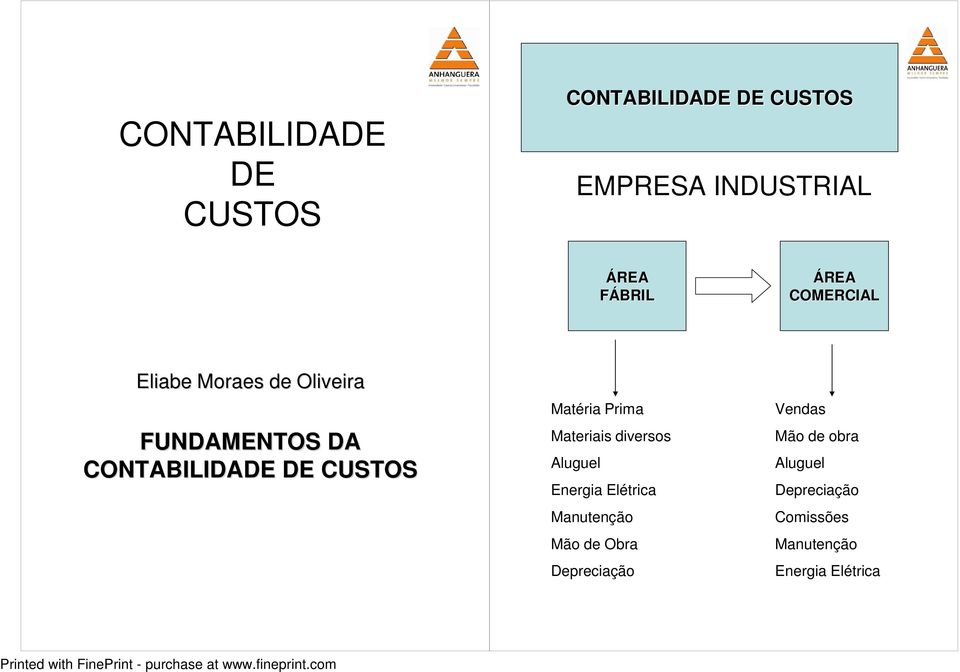 Matéria Prima Materiais diversos Aluguel Energia Elétrica Manutenção Mão de Obra