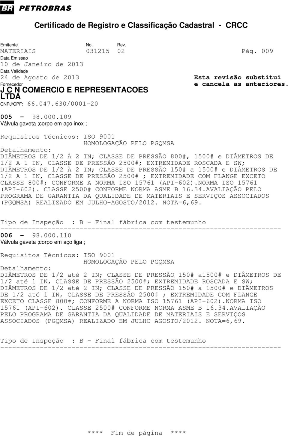 CLASSE DE PRESSÃO 150# a 1500# e DIÂMETROS DE 1/2 A 1 IN, CLASSE DE PRESSÃO 2500# ; EXTREMIDADE COM FLANGE EXCETO CLASSE 800#; CONFORME A NORMA ISO 15761 (API-602).