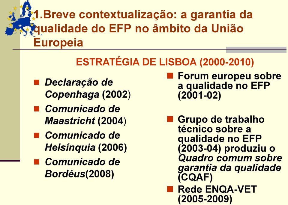 Comunicado de Bordéus(2008) Forum europeu sobre a qualidade no EFP (2001-02) Grupo de trabalho técnico sobre