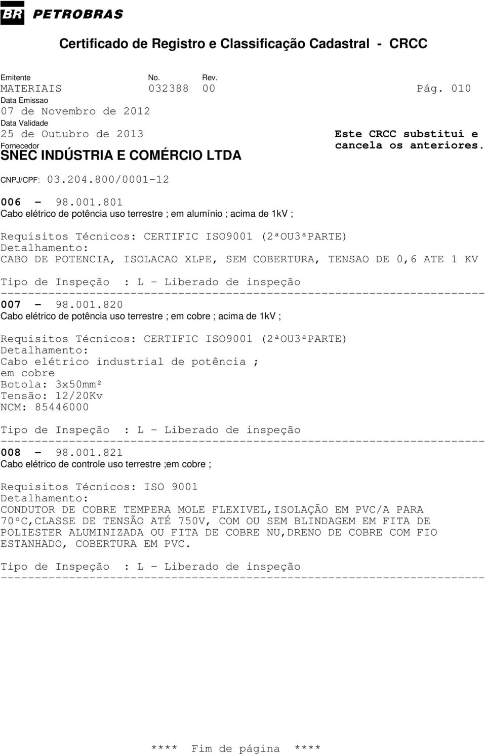 820 Cabo elétrico de potência uso terrestre ; em cobre ; acima de 1kV ; Cabo elétrico industrial de potência ; em cobre Botola: 3x50mm² Tensão: 12/20Kv NCM: