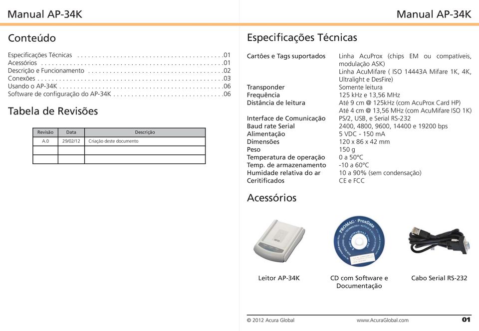 0 29/02/12 Criação deste documento Especificações Técnicas Cartôes e Tags suportados Linha AcuProx (chips EM ou compatíveis, modulação ASK) Linha AcuMifare ( ISO 14443A Mifare 1K, 4K, Ultralight e