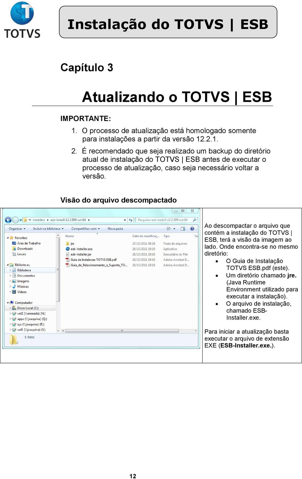 Visão do arquivo descompactado Ao descompactar o arquivo que contém a instalação do TOTVS ESB, terá a visão da imagem ao lado.