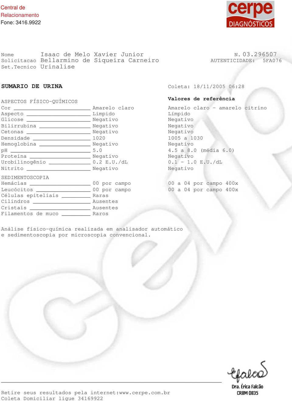 Negativo Negativo Bilirrubina Negativo Negativo Cetonas Negativo Negativo Densidade 1020 1005 a 1030 Hemoglobina Negativo Negativo ph 5.0 4.5 a 8.0 (média 6.