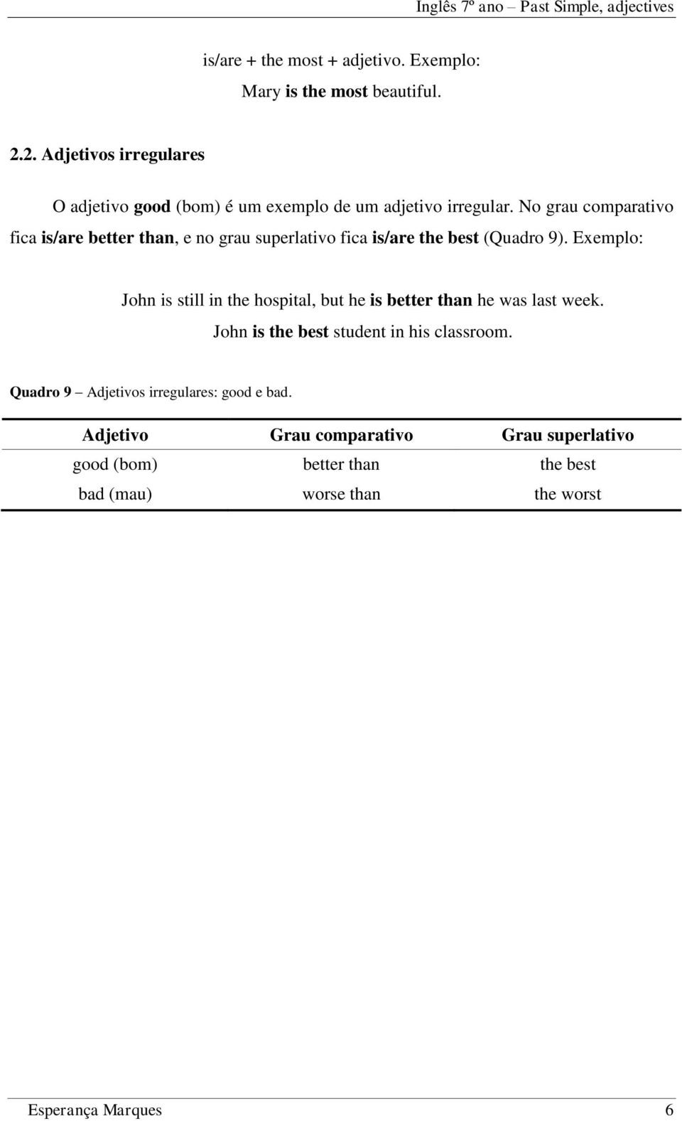 No grau comparativo fica is/are better than, e no grau superlativo fica is/are the best (Quadro 9).