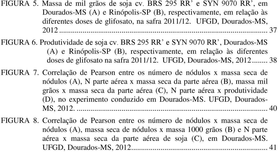 BRS 295 RR e SYN 9070 RR, Dourados-MS (A) e Rinópolis-SP (B), respectivamente, em relação às diferentes doses de glifosato na safra 2011/12. UFGD, Dourados-MS, 2012... 38 FIGURA 7.