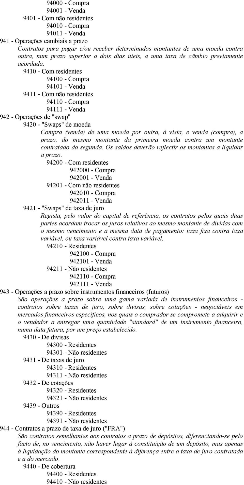9410 - Com residentes 94100 - Compra 94101 - Venda 9411 - Com não residentes 94110 - Compra 94111 - Venda 942 - Operações de "swap" 9420 - "Swaps" de moeda Compra (venda) de uma moeda por outra, à
