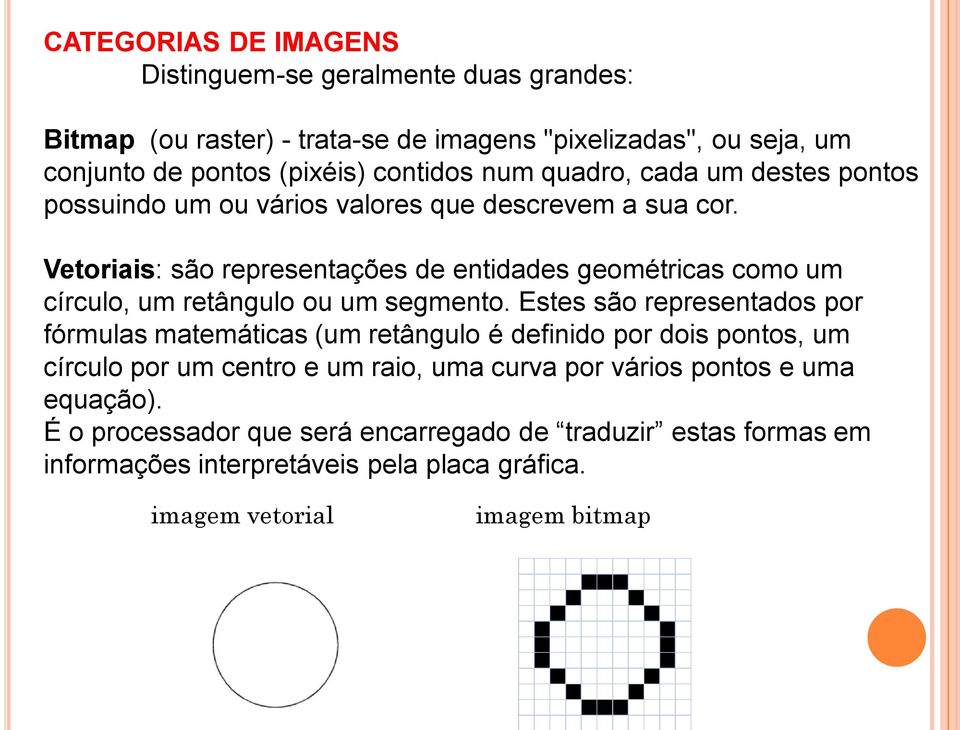 Vetoriais: são representações de entidades geométricas como um círculo, um retângulo ou um segmento.