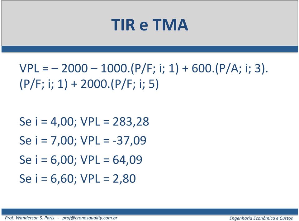 (P/F; i; 5) Se i = 4,00; VPL = 283,28 Se i =