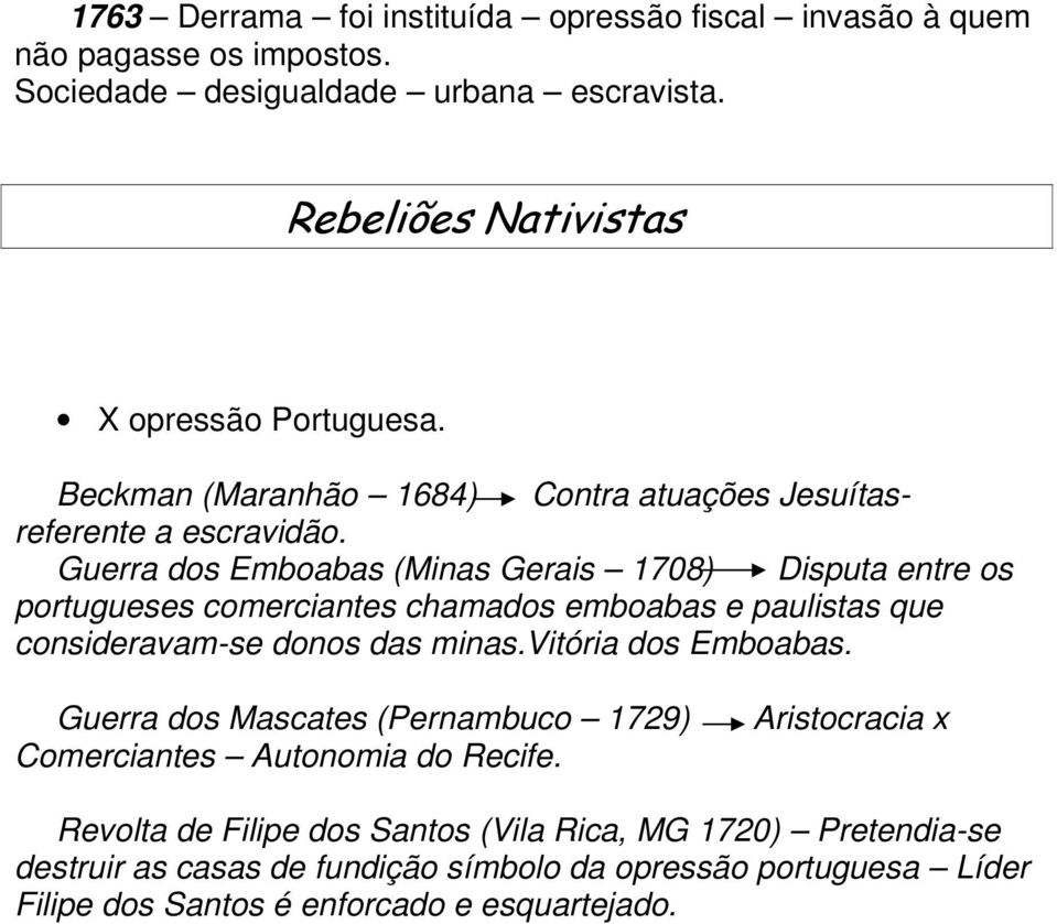 Guerra dos Emboabas (Minas Gerais 1708) Disputa entre os portugueses comerciantes chamados emboabas e paulistas que consideravam-se donos das minas.vitória dos Emboabas.