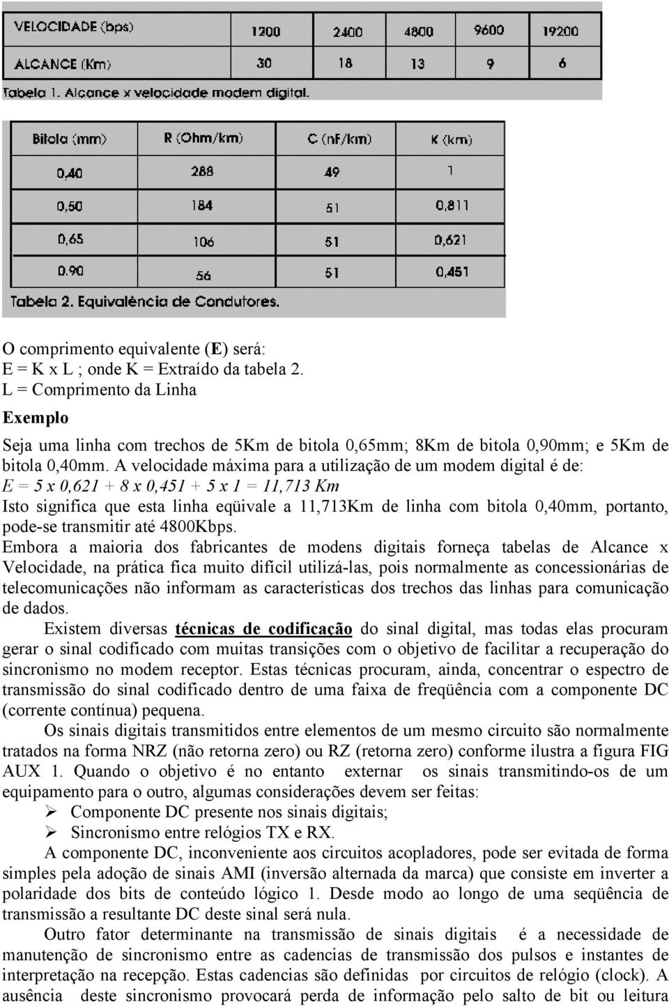 A velocidade máxima para a utilização de um modem digital é de: E = 5 x 0,621 + 8 x 0,451 + 5 x 1 = 11,713 Km Isto significa que esta linha eqüivale a 11,713Km de linha com bitola 0,40mm, portanto,