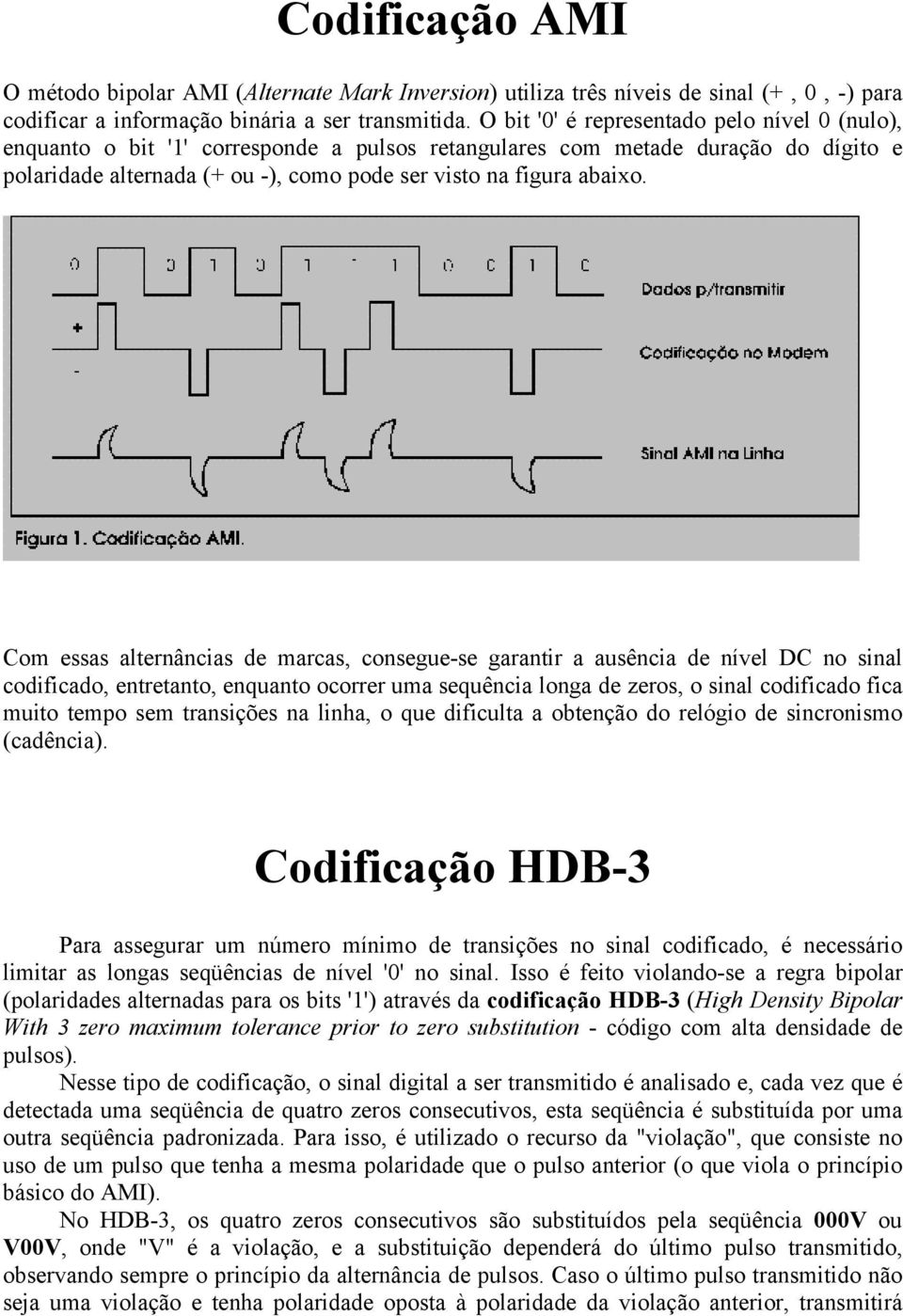 Com essas alternâncias de marcas, consegue-se garantir a ausência de nível DC no sinal codificado, entretanto, enquanto ocorrer uma sequência longa de zeros, o sinal codificado fica muito tempo sem