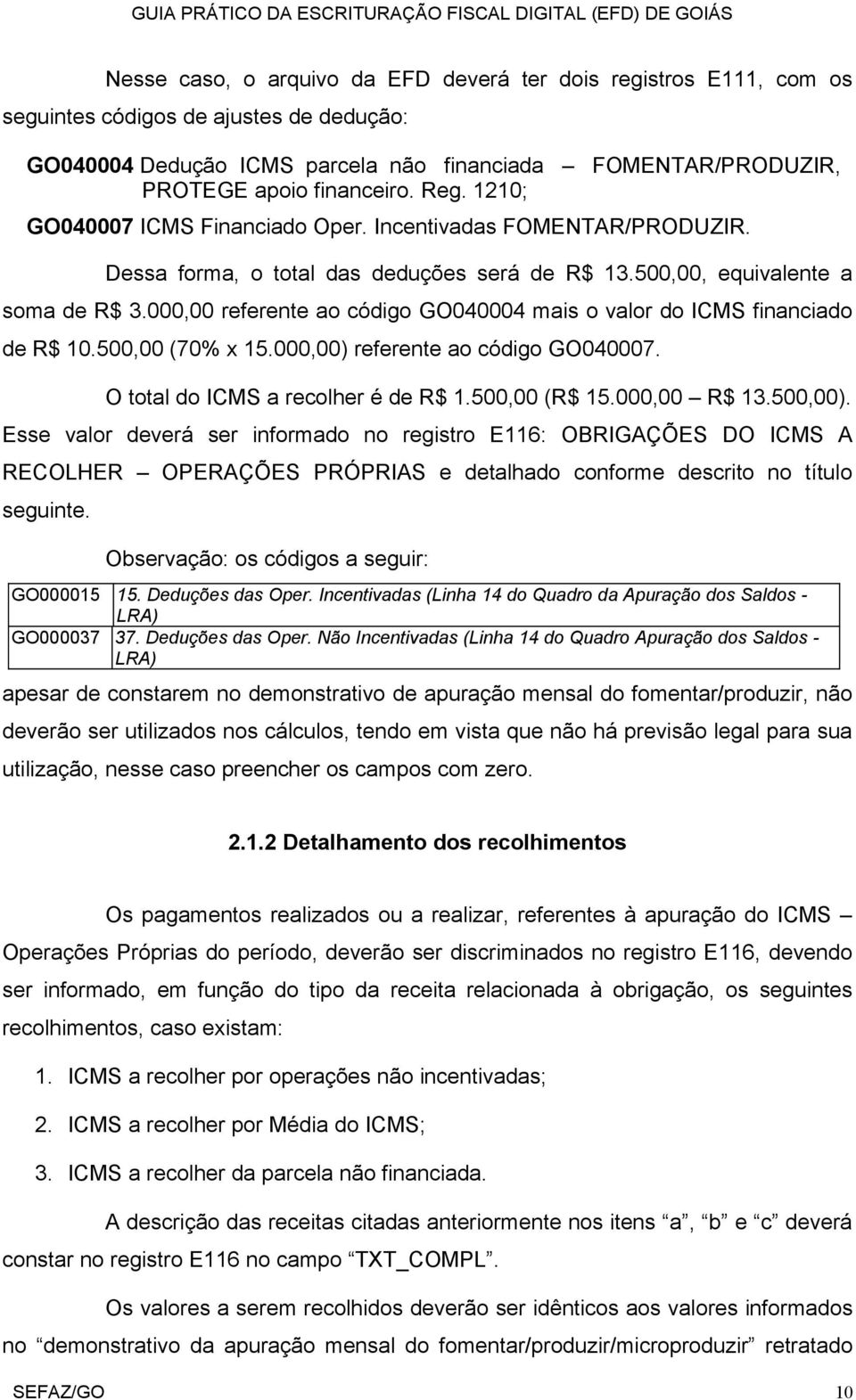 000,00 referente ao código GO040004 mais o valor do ICMS financiado de R$ 10.500,00 (70% x 15.000,00) referente ao código GO040007. O total do ICMS a recolher é de R$ 1.500,00 (R$ 15.000,00 R$ 13.