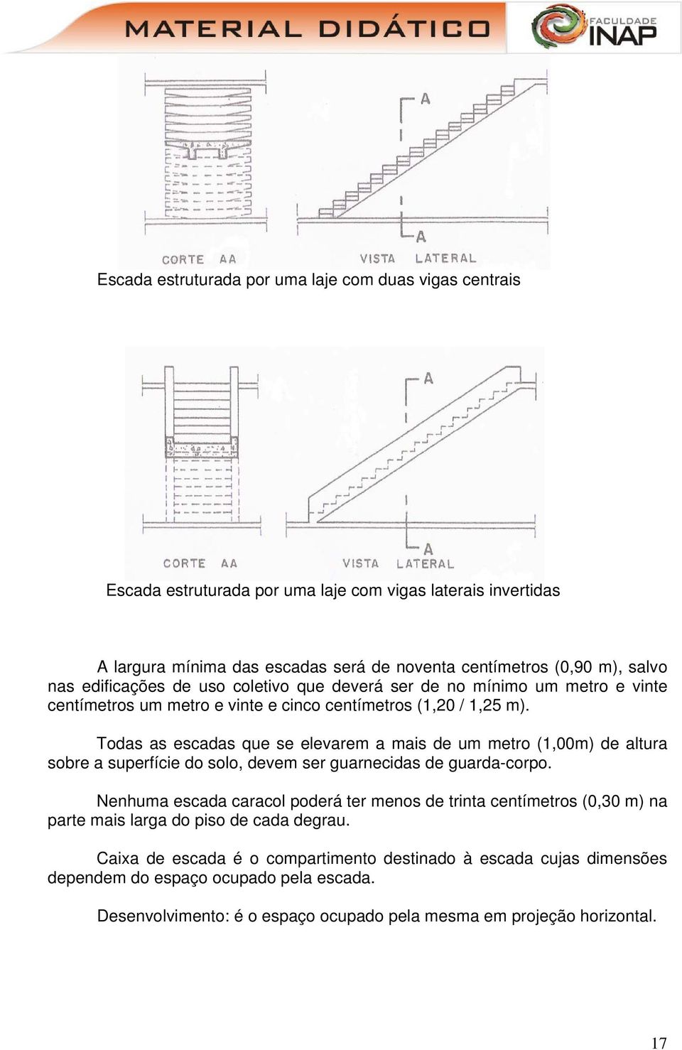 Todas as escadas que se elevarem a mais de um metro (1,00m) de altura sobre a superfície do solo, devem ser guarnecidas de guarda-corpo.