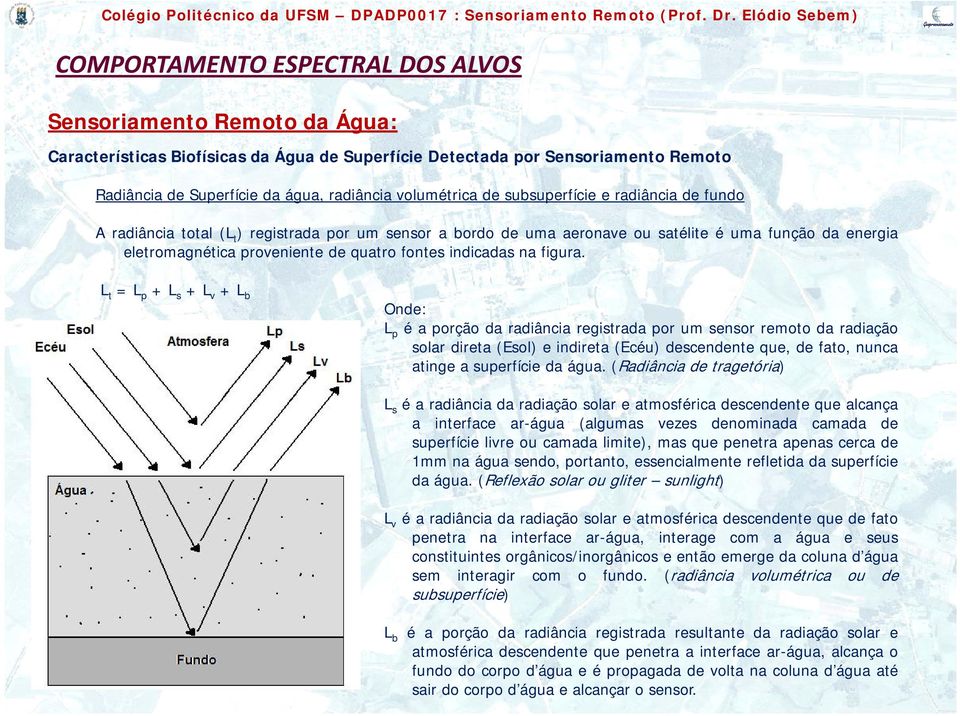 Lt = Lp + Ls + Lv + Lb Onde: Lp é a porção da radiância registrada por um sensor remoto da radiação solar direta (Esol) e indireta (Ecéu) descendente que, de fato, nunca atinge a superfície da água.