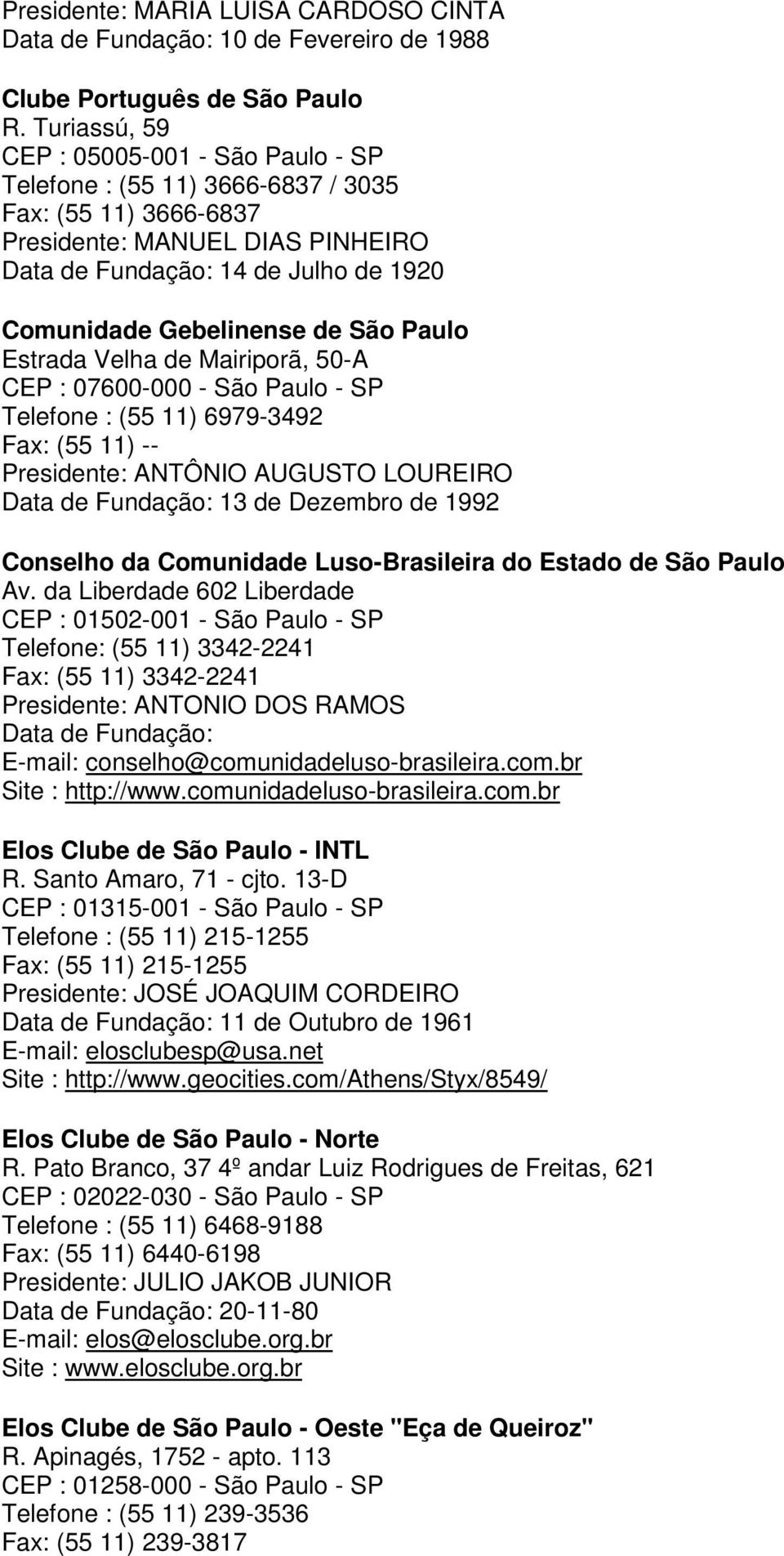 de São Paulo Estrada Velha de Mairiporã, 50-A CEP : 07600-000 - São Paulo - SP Telefone : (55 11) 6979-3492 Fax: (55 11) -- Presidente: ANTÔNIO AUGUSTO LOUREIRO Data de Fundação: 13 de Dezembro de