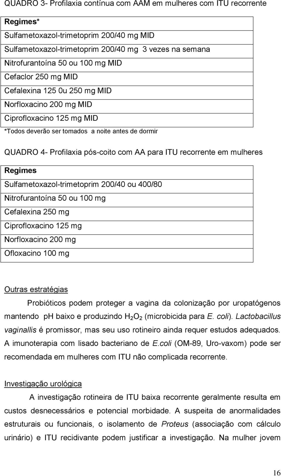 ITU recorrente em mulheres Regimes Sulfametoxazol-trimetoprim 200/40 ou 400/80 Nitrofurantoína 50 ou 100 mg Cefalexina 250 mg Ciprofloxacino 125 mg Norfloxacino 200 mg Ofloxacino 100 mg Outras