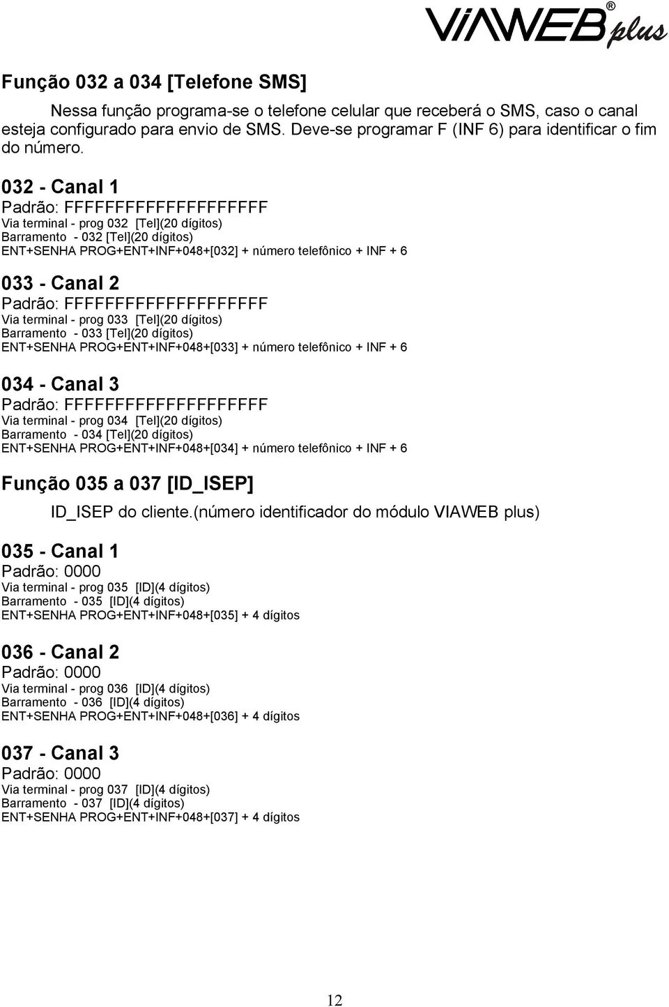 032 - Canal 1 Padrão: FFFFFFFFFFFFFFFFFFFF Via terminal - prog 032 [Tel](20 dígitos) Barramento - 032 [Tel](20 dígitos) ENT+SENHA PROG+ENT+INF+048+[032] + número telefônico + INF + 6 033 - Canal 2