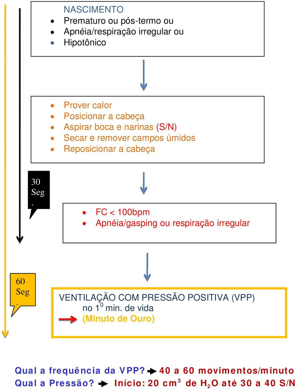 FC < 100bpm Apnéia/gasping ou respiração irregular 60 Seg. VENTILAÇÃO COM PRESSÃO POSITIVA (VPP) no 1 0 min.