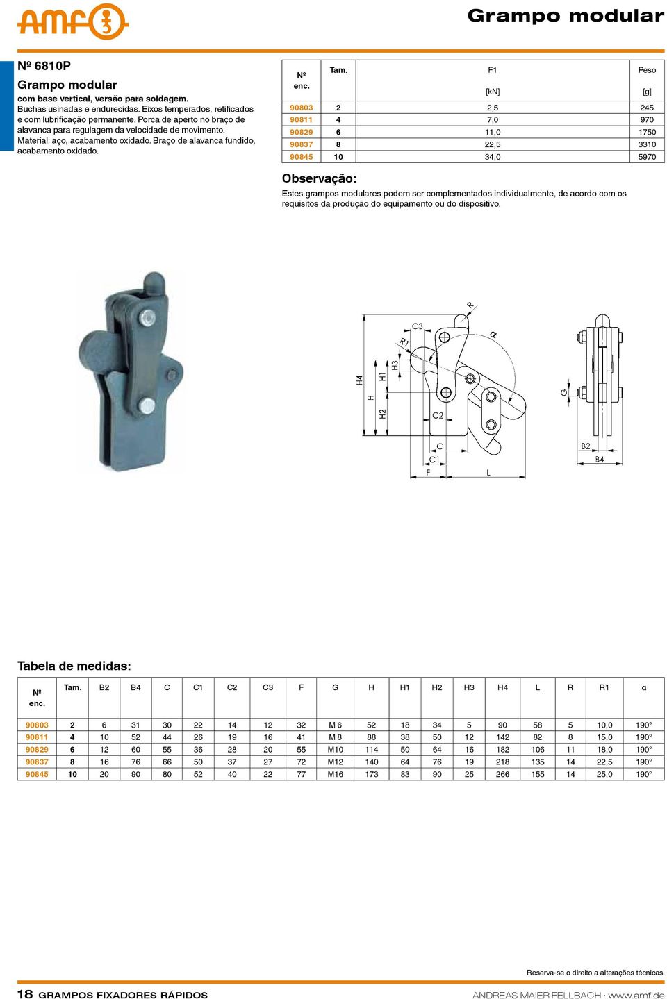 90803 2 2,5 245 90811 4 7,0 970 90829 6 11,0 1750 90837 8 22,5 3310 90845 10 34,0 5970 Observação: Estes grampos modulares podem ser complementados individualmente, de acordo com os requisitos da